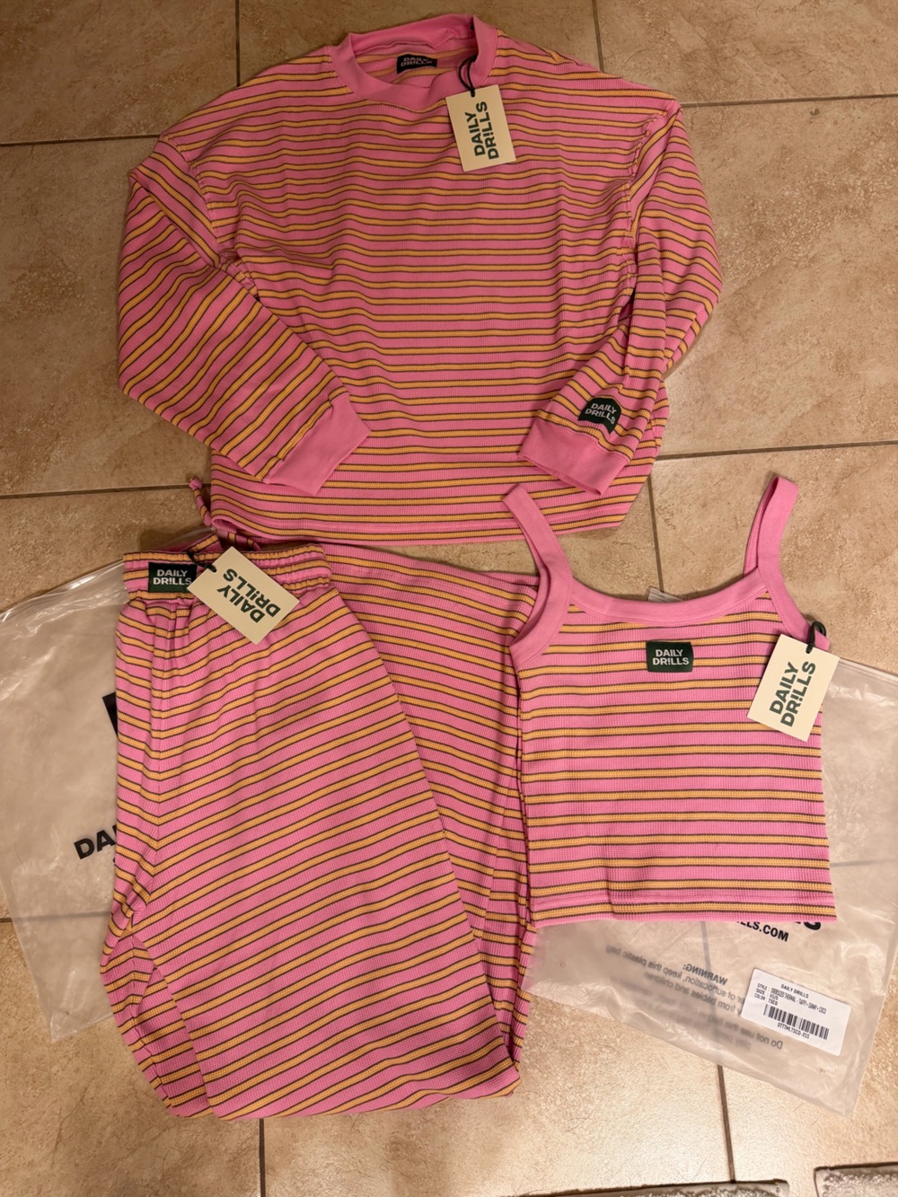 NWT Daily Drills 3-Piece Thermal Set - Pink & Yellow Stripe XS/S